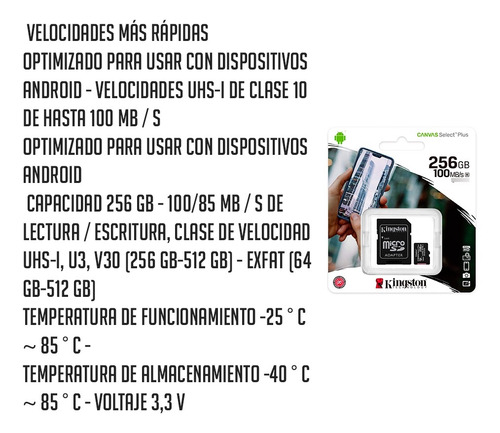 Memoria Microsd Kingston Canvas Select 256gb 100mb/s Y 85mbs