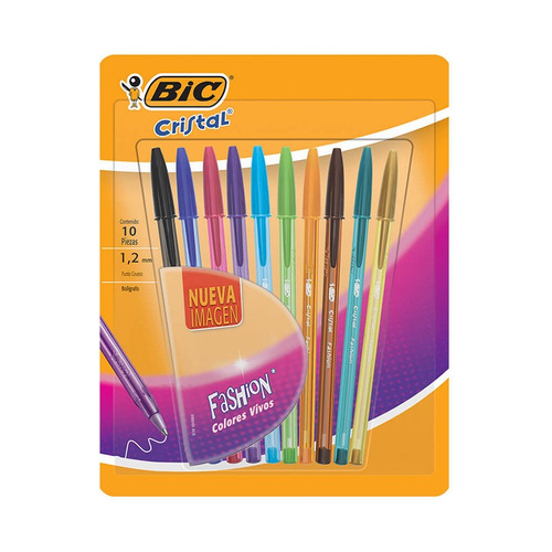 10 Plumas Bic Cristal Fashion Bolígrafo Punto Grueso Surtido