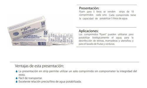 Imagen 2 de 5 de Pastillas Potabilizadoras De Agua Pyam X 1 Blister De 10comp
