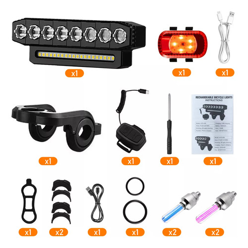 Luz Para Bicicleta 6000 Lúmenes Impermeable 8 Led Recargable