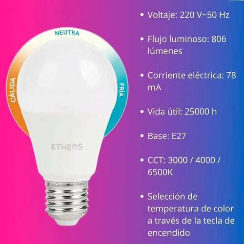 Lampara Led 9w Etheos 3 Pasos Cambia De Fría, Neutra, Cálida