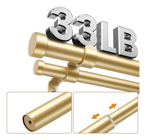 Qianmu Varillas De Cortina Dobles De 1 Pulgada Para Ventanas De 48 A 84 Pulgadas, Barra Decorativa Resistente De 32 A 144 Pulgadas Con Tapa Clásica, Color Dorado