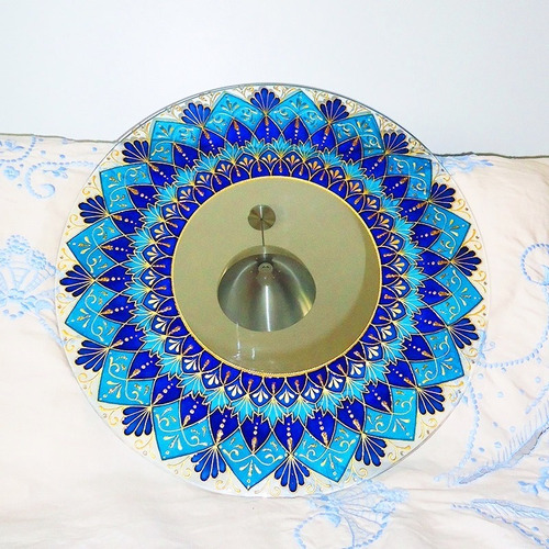 Mandala Azul E Dourada Em Vidro De 50cm E Espelho De 24cm