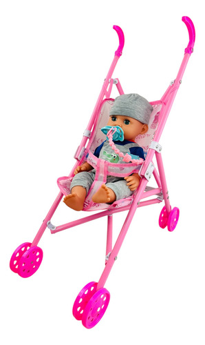 Bebé Con Carreola, Carriola De Regalo Muñeca Cn Accesiorios Azul