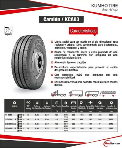 Neumático Kumho Kca03 275 80 R22,5 Camión Ómnibus 6c Cavalli