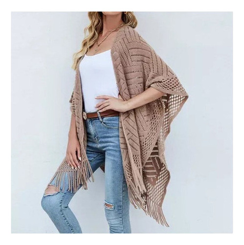 Suéter De Mujer Cárdigan Hueco Chal Borla Bufanda Top Color Caqui