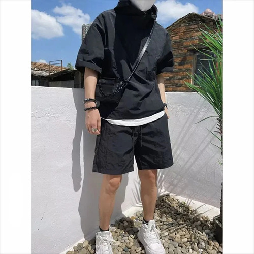 Camisa Cargo Set De Manga Corta Con Capucha Y Pantalones Cor
