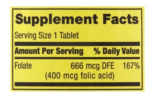 Imagen 2 de 2 de Acido Fólico 400mcg 250 Tabletas Spring Valley