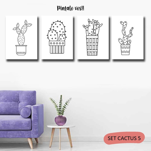 Cuadros Cactus 4u 20x30 Tela Listos P Colgar Plantas Hojas