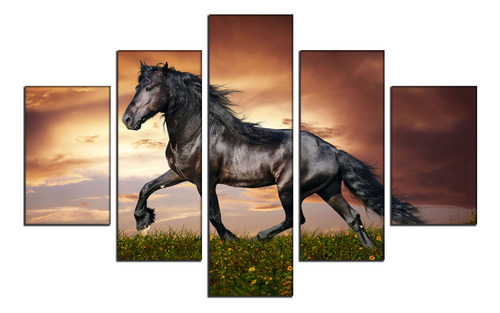 Set De 5 Cuadros Canvas Caballo Negro Atardecer 114x185cm