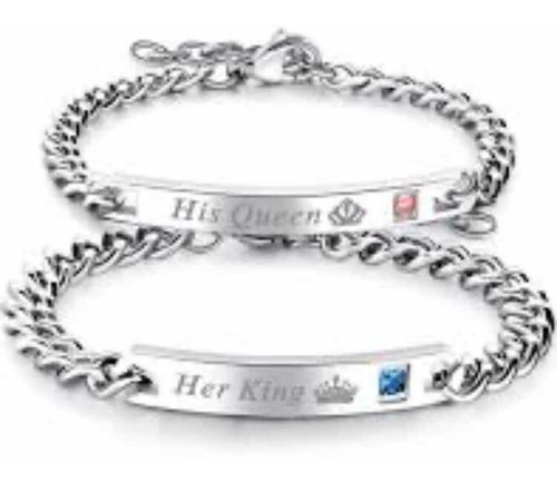 Set Pulseras His Queen/her King Plateadas Grabado 2 Nombres