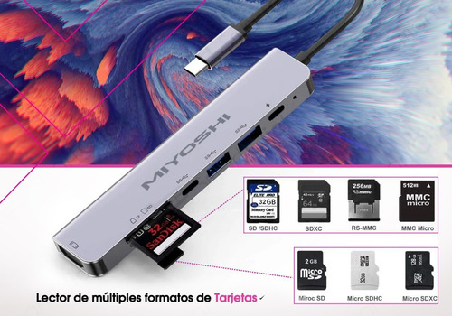 Imagen 9 de 10 de Adaptador Usb C Macbook Pro Air Hub Cable Hdmi 4k 7 En 1
