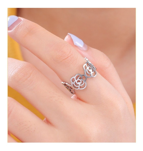 Imagen 3 de 10 de Anillo Ajustable Mujer Corazón Huella Luna Flor Acero Plata