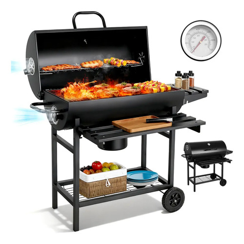 Asador de Carbon Portátil Premium Tipo Barril, con Termómetro y Mesa Lateral Frontal, color negro