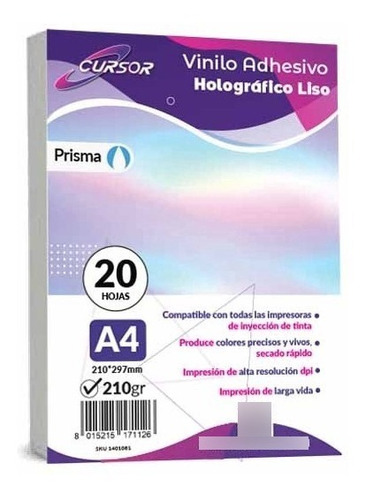 Papel Vinilo Adhesivo Tornasol Imprimible Cursor A4 20hojas 