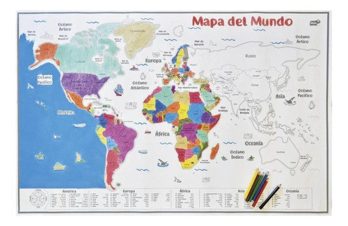 Lamina Educativa Mundo Diako Colorea Mapamundi Países Océano