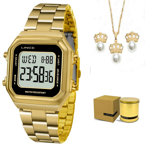 Kit Relógio Lince Digital Dourado Feminino Sdg615l Bxkx + Nf