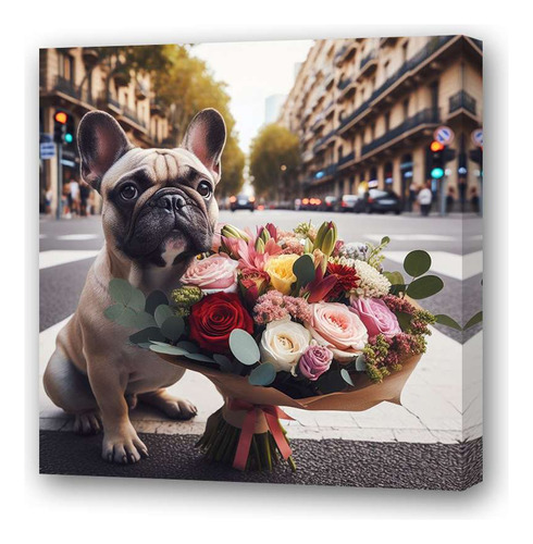 Cuadro 30x30cm Bulldog Frances En Una Esquina Flores