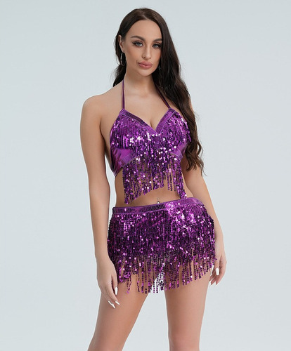 Trajes De Danza Adulto Lentejuelas Borla Crop Top + Falda