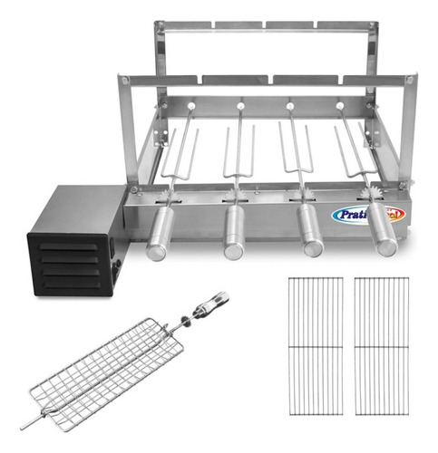 Churrasqueira Elétrica Giratória 4 Espetos + Kit Grelhas Cor Inox - Motor Lado Esquerdo 110v/220v