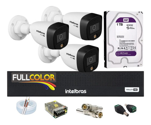 Kit Intelbras 3 Cameras 1220b Full Color Dvr 4 Canais C/1tb