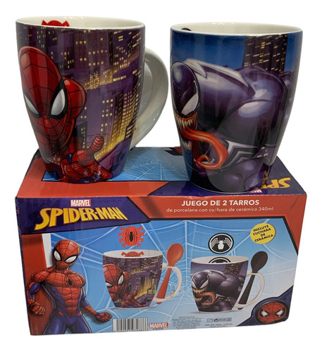 Juego De 2 Tazas De Ceramica Con Cuchara Spiderman