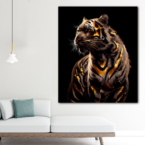 Cuadro Tigre Dorado Fondo Negro Canvas 60x90 Abstracto 128