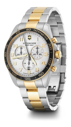 Victorinox Reloj Fieldforce Classic Chrono, 2 Tonos Correa PLATEADO Y DORADO Bisel Negro Fondo Gris
