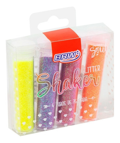 Glitter Shaker 4 Tubos 7g Cada Cores Neon Brw Cor Amarelo, Roxo, Rosa E Laranja