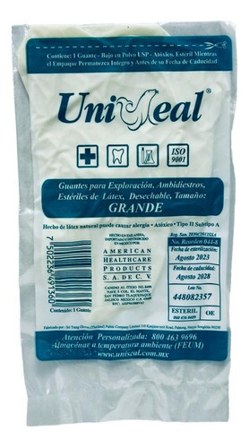 Guante Látex Estéril Uniseal Talla Gde Caja 100 Unidades Color Natural Talla Grande