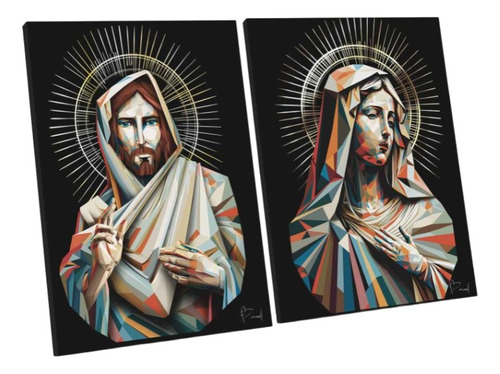 Quadro Jesus E Maria Geométricos | 2 Peças Grande 100x75 M.i