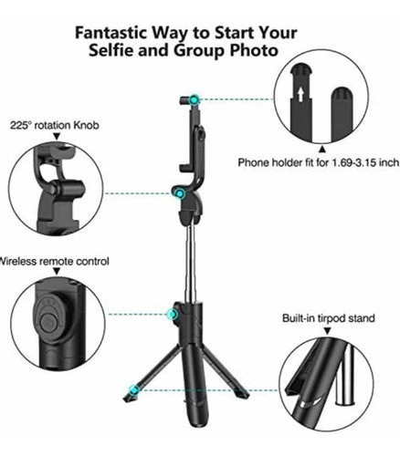 Imagen 3 de 4 de Palo Selfie Inalámbrico Portátil Con Bluetooth + Trípode