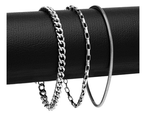 Combo 3 Pulseiras Aço Inox Prata Kit-67 Masculino