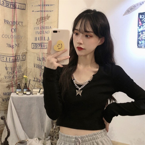 Camiseta Estampada Con Cuello En V Y Manga Larga Para Mujer