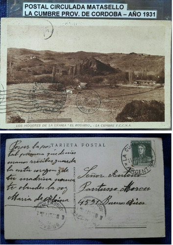 Postal Circulada Matasello La Cumbre Prov. De Córdoba 1931