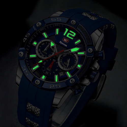Reloj Para Hombre Marca Ryscom Sub Esferas Minutos Segundos Correa De Silicona Caja De Acero Inoxidble Mancillas Luminosas Verde Por La Noche Deportivo 3atm Calendario Azul Con Dorado