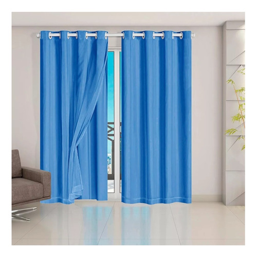 Cortina Corta Luz C/ Voil 2,60 X 1,70 Blackout Bloqueio 100% Cor Azul