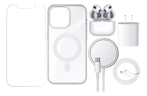 6 Kit Cargador Magsafe Para iPhone 20w+audifono+funda+mica
