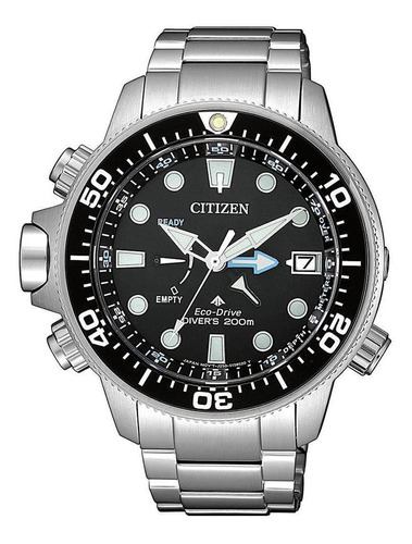 Reloj pulsera Citizen Promaster BN203 de cuerpo color plateado, analógico, para hombre, fondo negro, con correa de metal color plateado, agujas color verde y blanco, dial verde y blanco, minutero/segundero plateado, bisel color negro y desplegable