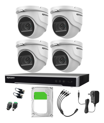 Epcom Kit De 4 Camaras De Seguridad Metalicas Eyeball 8mp Protección Ip66 Para Uso Exterior + Dvr 4ch Turbohd Con Detección De Movimiento Y Salida De Alarma +3tb Hdd Modelo Ev8004e4k-plus+3tb