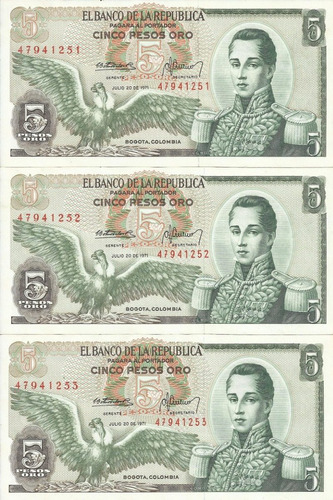 Colombia Trío Números Consecutivos, 5 Pesos 20 Julio 1971