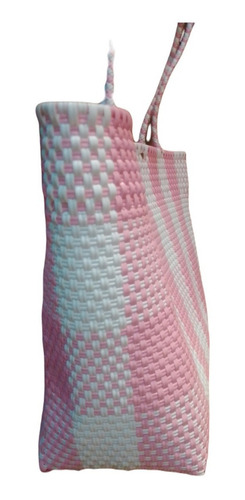 Bolsa Dama Tote Bag Tejido Plástico Artesanal Hecho A Mano Color Rosa
