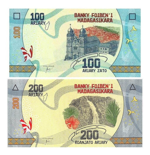 2 Billetes Madagascar 100 Y 200 Ariary 2017 Unc (c85)
