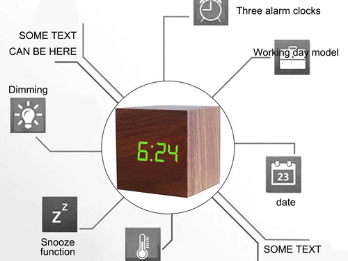 Imagen 1 de 8 de Reloj Led Digital Alarma Temperatura Fecha Luz Madera Cubo 