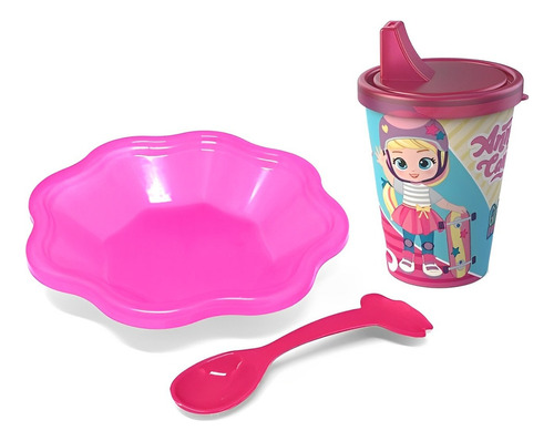 Alimentação De Bebes Infantil 3 Pçs Prato + Copo + Colher Cor Rosa