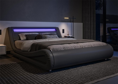 Base Cama Con Led Matrimonial Cabecera Ajustable Color Gris