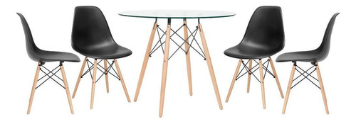 Kit Mesa De Vidro Eames Wood 90 Cm 4 Cadeiras Eames Dsw Cor da tampa Preto