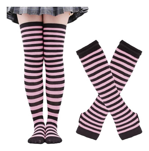 Sox Womens Girls Striped Knee Socks Fingerless Gloves Set Ar