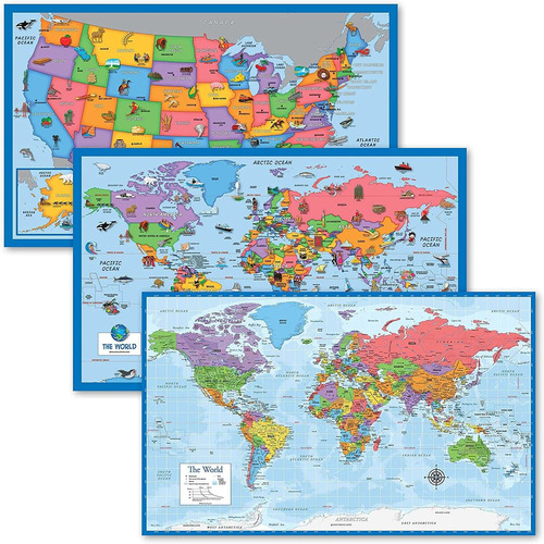 Paquete De 3: Mapa Mundial Ilustrado Y Mapa De Estados Unido