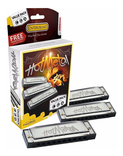 Set Armonicas Hohner Hot Metal X3 C G A Diatonicas Bluseras